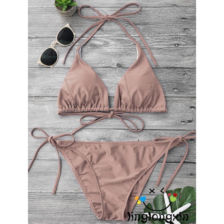 Bộ đồ bơi bikini cổ chữ V khoét sâu màu sắc đơn giản + quần lót cột dây cho nữ
 | BigBuy360 - bigbuy360.vn