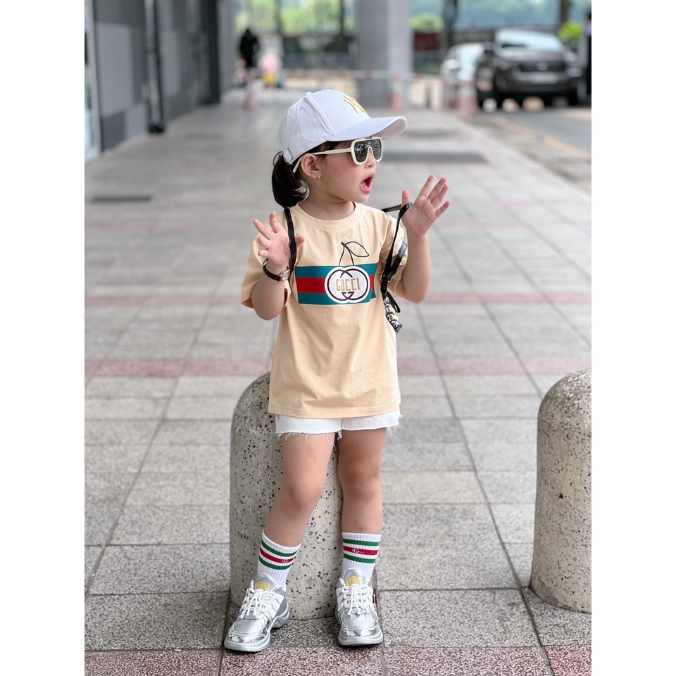 Áo thun tay lỡ guc ci cherry cho bé , áo phông trẻ em unisex , Kid_genZ