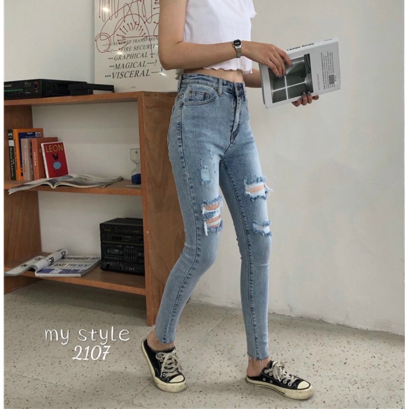 Quần jean nữ rách lưng cao co giãn kiểu quần bò form skinny body cao cấp hàng VNXK MS2107 bigsize 2Kjean