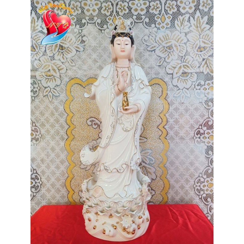 Tượng Phật Bà Quan Âm Đài Loan Sứ Trắng Chỉ Vàng- Dáng Đứng Thanh Cao Rất Đẹp