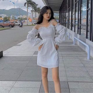 Đầm rớt vai hai màu