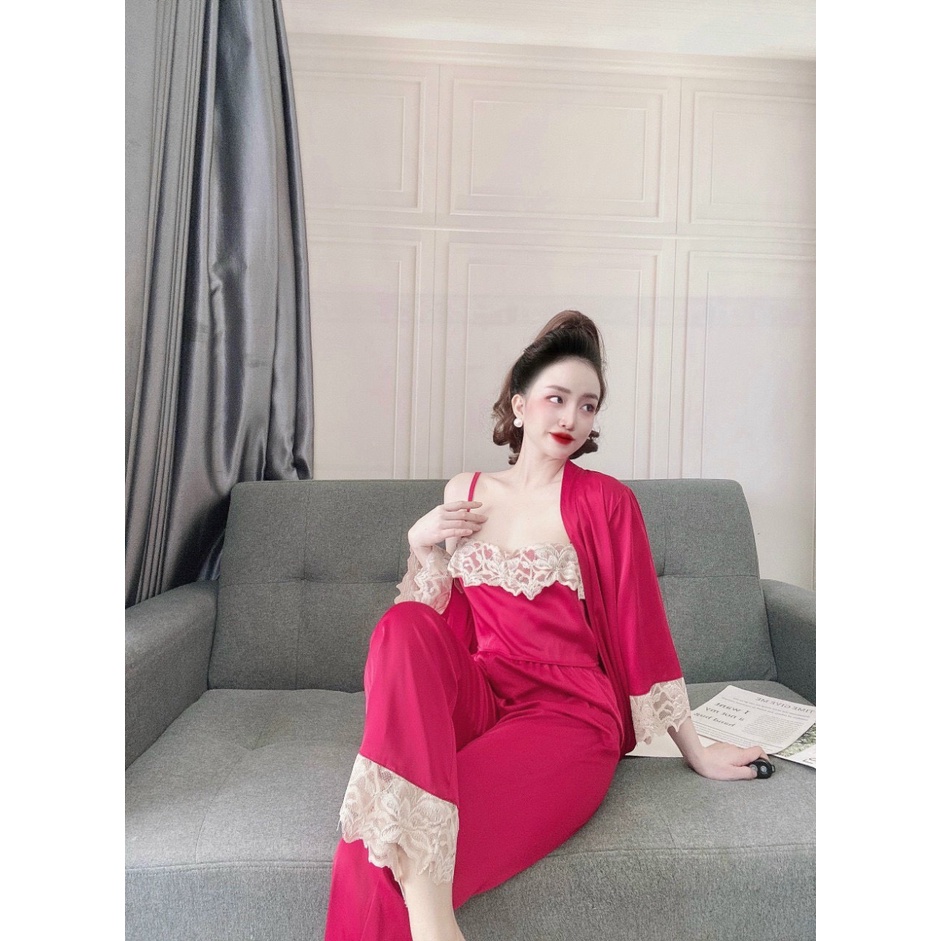 Set đồ ngủ lụa 3 món, bộ mặc nhà gồm áo ngủ 2 dây kèm áo choàng và quần dài phối ren siêu sang chất lụa satin cho Nữ