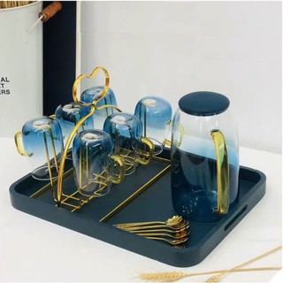 (SẴN) Bộ bình cốc thủy tinh xanh, giá úp trái tim, khay gỗ xanh to - Bộ bình ly thủy tinh sang trọng không chì