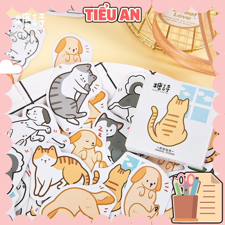 Bộ sticker/ Hình dán Hình Cún và Mèo Lười (45 Hình)