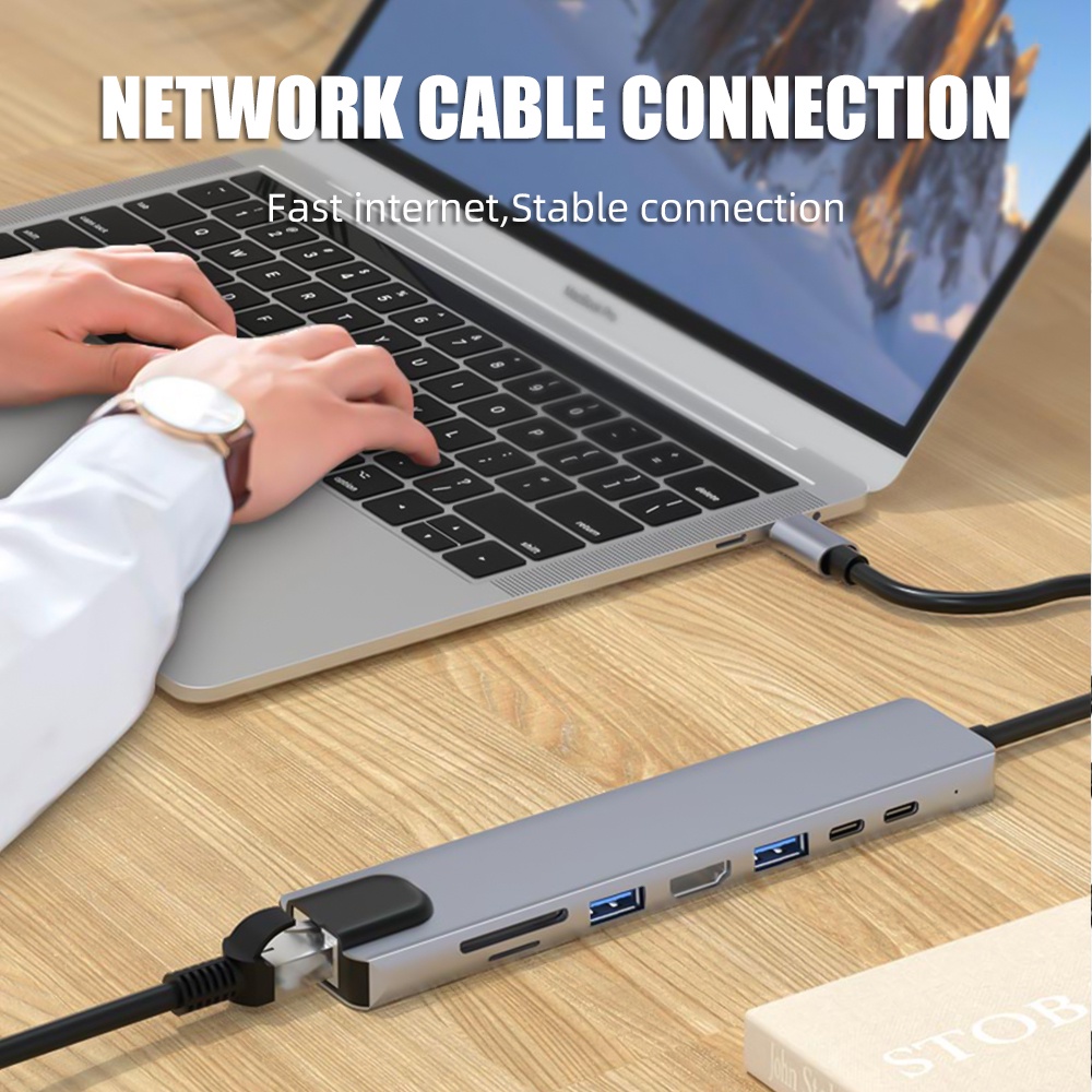 Bộ Chuyển Đổi Hub Type C Sang 4K HDMI 8 Trong 1 Với Đầu Đọc Thẻ TF / SD RJ45 Cho MacBook Notebook Laptop Máy Tính
