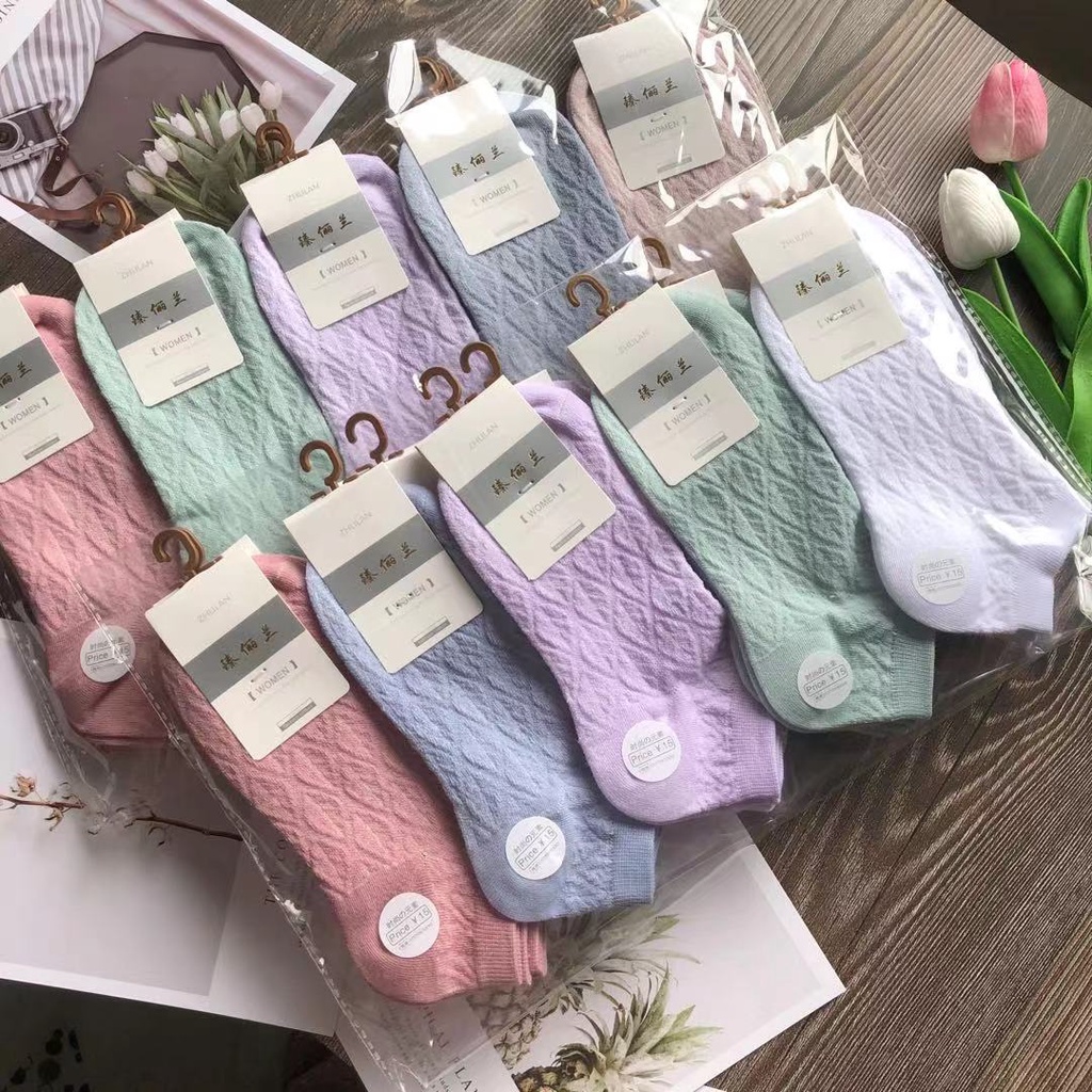 Set 5 Đôi Tất Cotton Mỏng Màu Sắc Xinh Xắn Cho Nữ