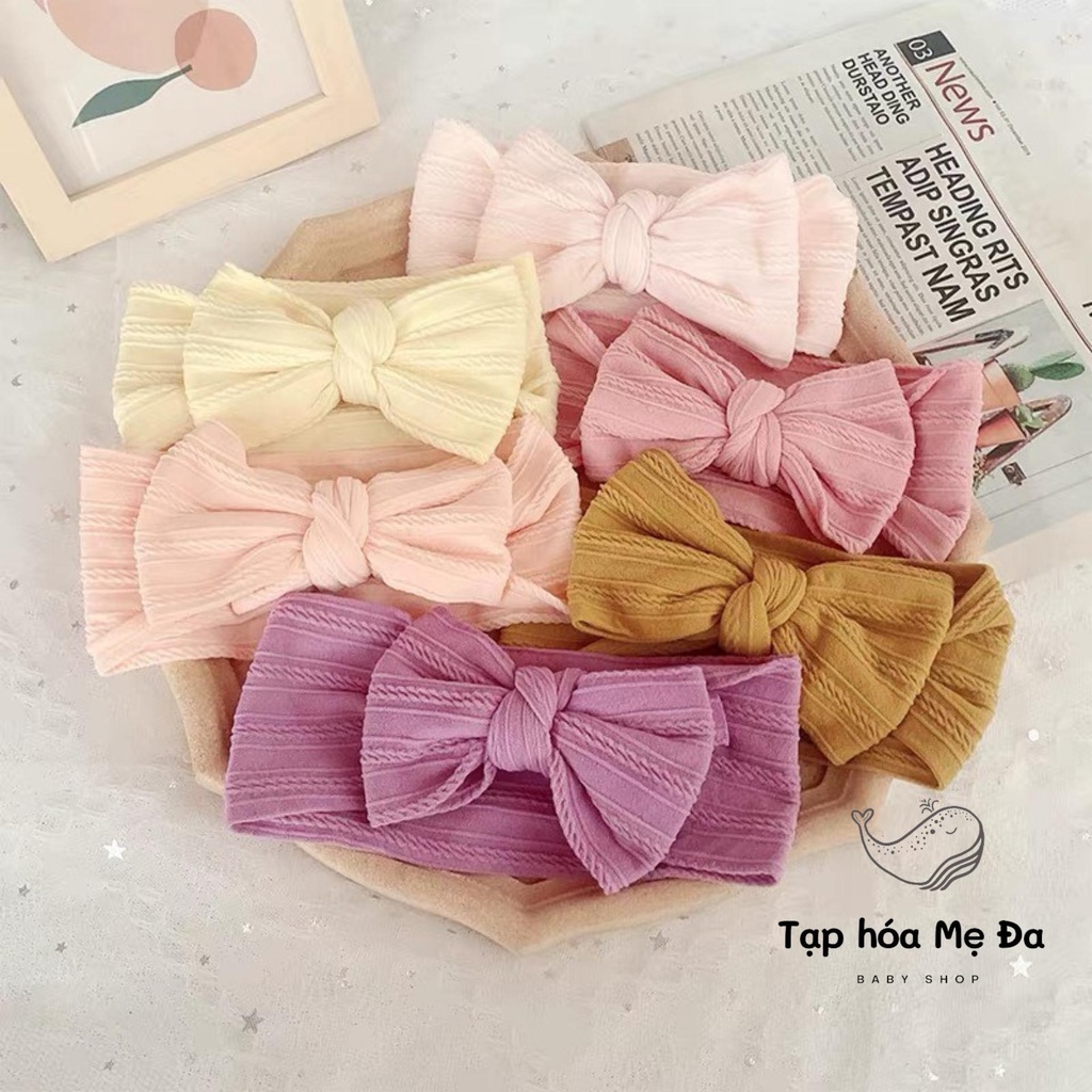 Turban/Băng đô vải gân trơn 2 lớp siêu êm đính nơ bản lớn nhiều màu pastel xinh xắn cho bé không gây đau tóc