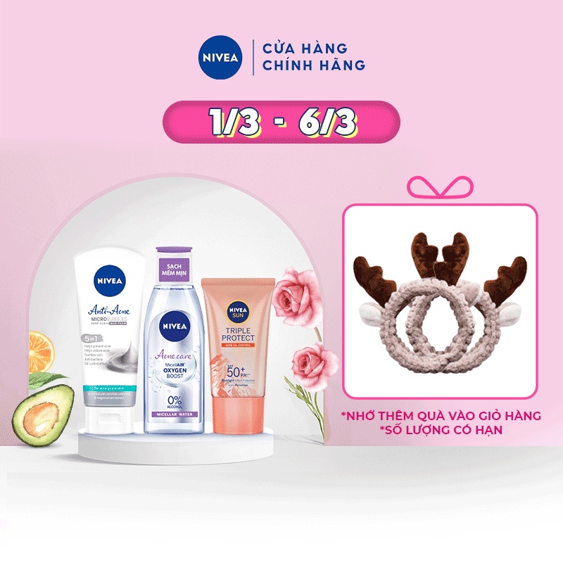 Bộ sản phẩm chăm sóc da mụn NIVEA: Kem chống nắng SPF50+, Nước tẩy trang 200ml &amp; Sữa rửa mặt cho da nhạy cảm 100G