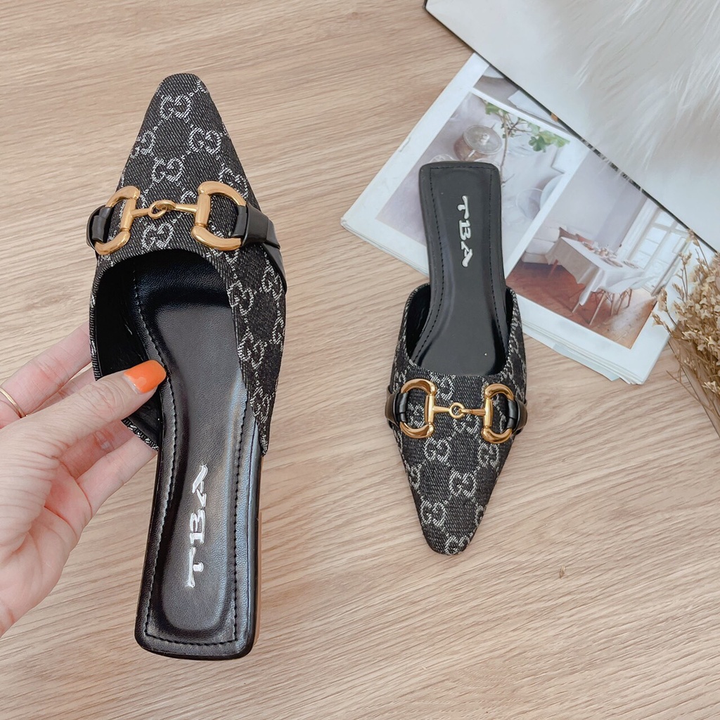 Sục bệt nữ mũi nhọn vuông sục thời trang chất vải jean họa tiết móc xích