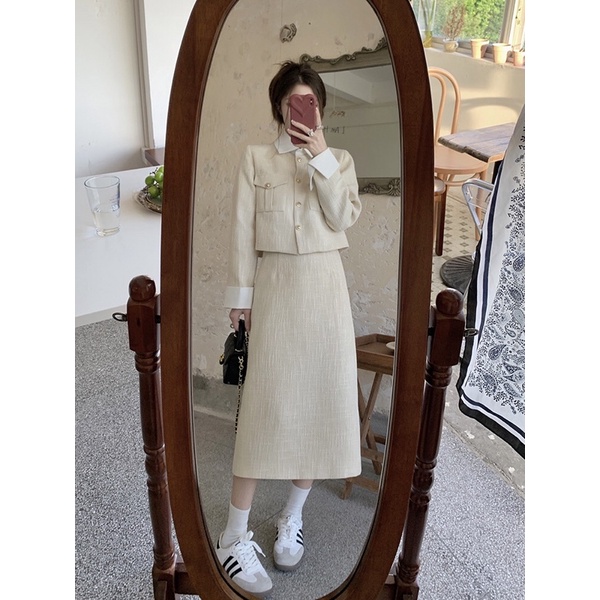 Set dạ tweed áo có cổ kèm chân váy chữ A dáng dài dành cho nữ Hàng QC loại 1