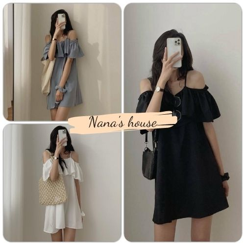 Váy Hai Dây Trễ Vai 🎁 Nana's House - FREESHIP 🎁 Đầm nữ dáng suông, kiểu dáng nữ tính, bánh bèo