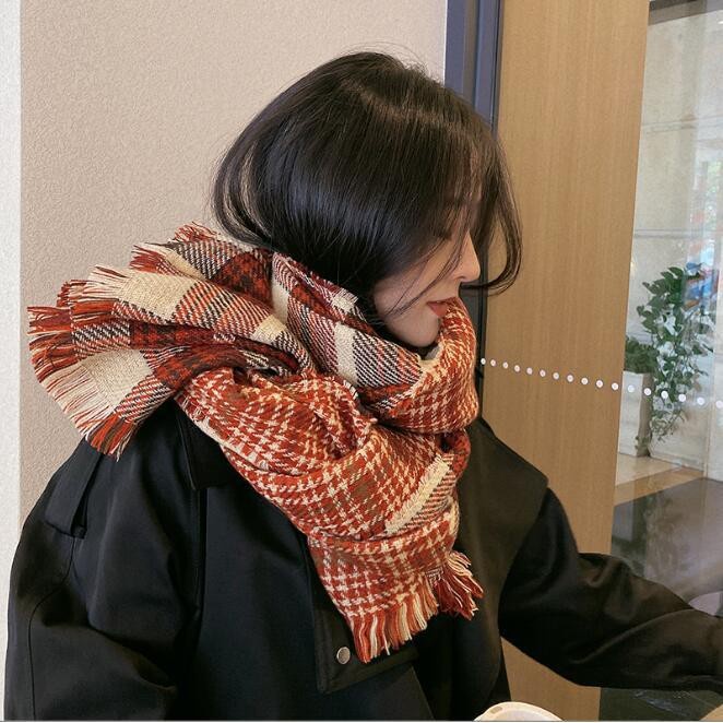 Khăn choàng dạ kẻ caro màu đỏ hai mặt, khăn quàng cổ cashmere vintage phong cách Hàn Quốc loại 1 bản to