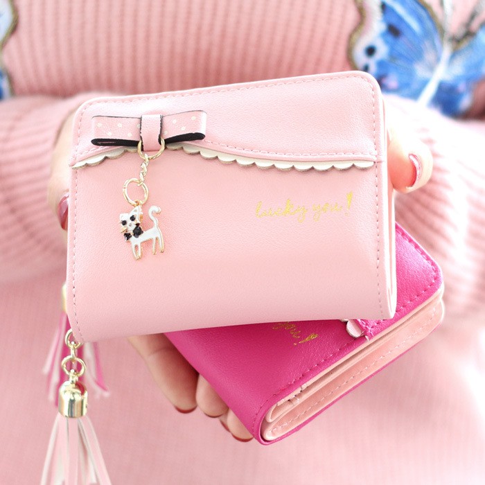 Korean version bow cat small pendant short wallet girl zipper purse tassekolah dompetwanita Ví ngắn có khóa kéo hình mèo thời trang Hàn Quốc