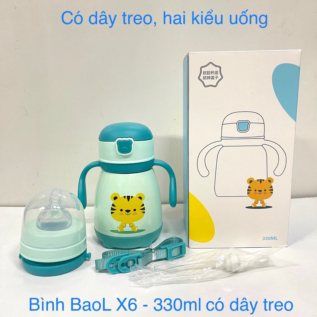 Bình nước học sinh có tai cầm, bình inox giữ nhiệt 2 trong 1 kèm óng hút, có dây đeo, bình giữ nhiệt loại 1 - X6