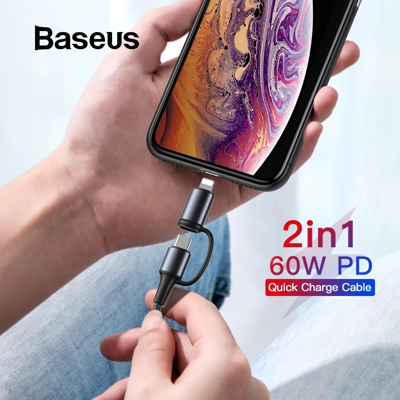 Cáp Sạc Baseus Twins 2 in 1💝PD 60W + QC 3.0💝Dây Sạc Nhanh Cao Cấp C to C and C to Lightning 2 Đầu Hỗ Trợ Truyền Dữ Liệu