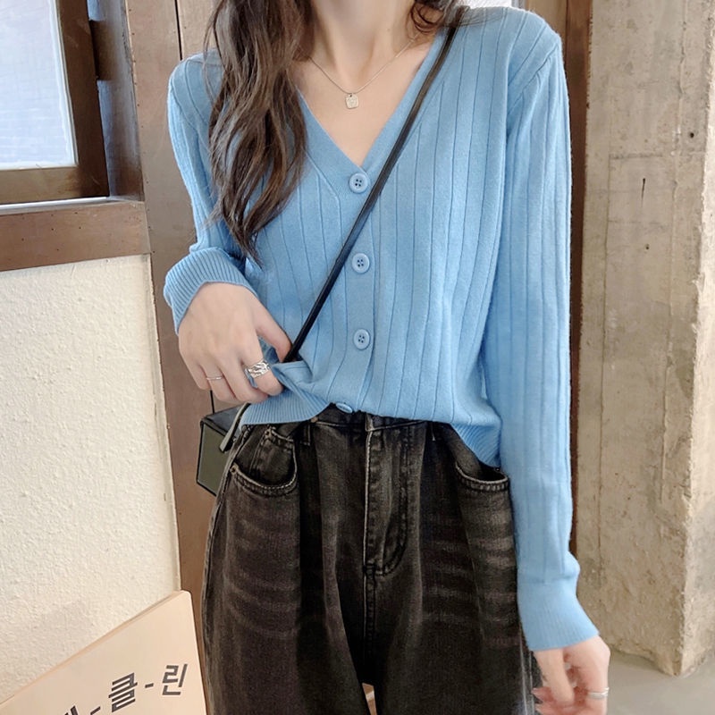 Áo Khoác Cardigan Dệt Kim Tay Dài Cổ V Kiểu Pháp Xinh Xắn Cho Nữ