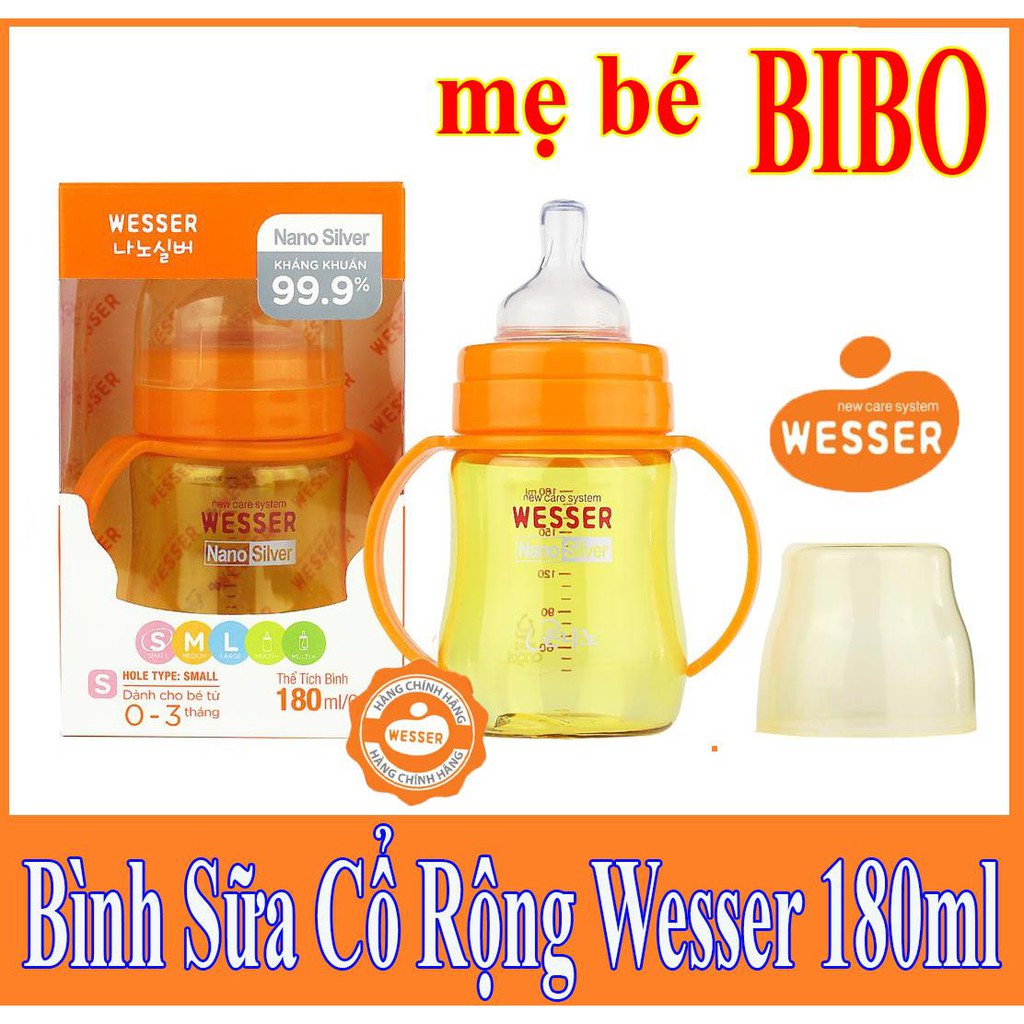 [MẪU MỚI] BÌNH SỮA WESSWER CỔ RỘNG NHỰA PP BPA FREE TAY CẦM 180ML