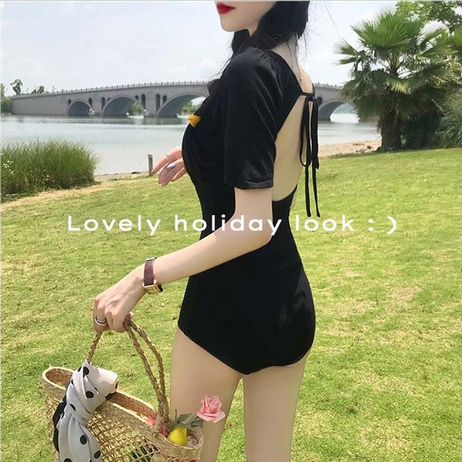 [LOẠI ĐẸP + HÌNH THẬT] Set bikini 1 mảnh tay ngắn khoét lưng THUN GÂN (có sẵn mút ngực) | BigBuy360 - bigbuy360.vn