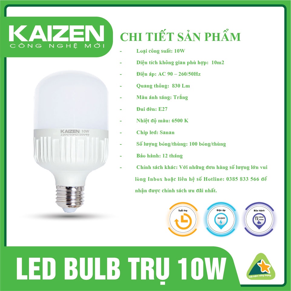 Bóng Đèn Led Trụ Nhựa KAIZEN Siêu Tiết Kiệm Điện Năng, Led Trụ Công Suất Nhỏ