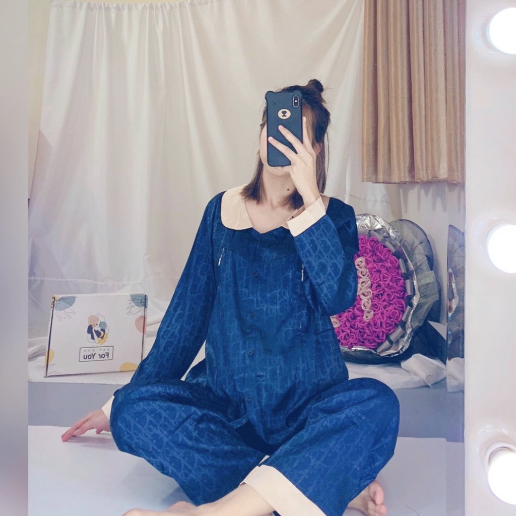 Bộ Pijama Bầu Lụa Gấm Có Cổ, Bộ Bầu Và Sau Sinh 2 Chức Năng Kết Hợp Cho Con Bú Dài Tay HT4619 Honey Mommy
