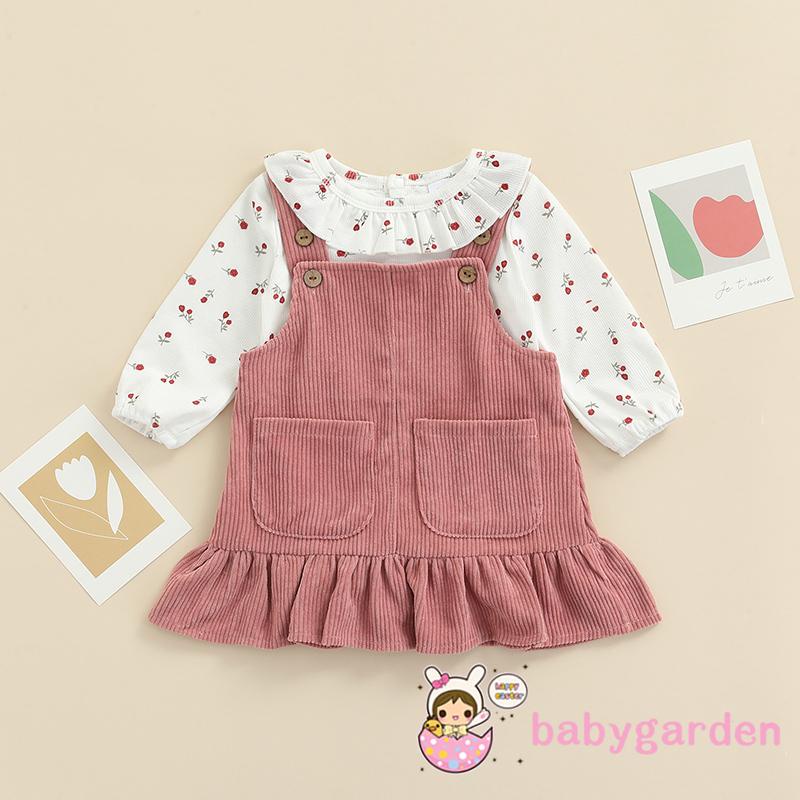 Set 2 món áo liền quần tay dài in hoa phối bèo màu sắc dễ thương thời trang xuân thu cho bé gái