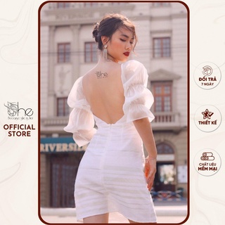 Đầm dự tiệc hở lưng tay bồng She, váy đi tiệc trắng sang trọng sexy SDX42