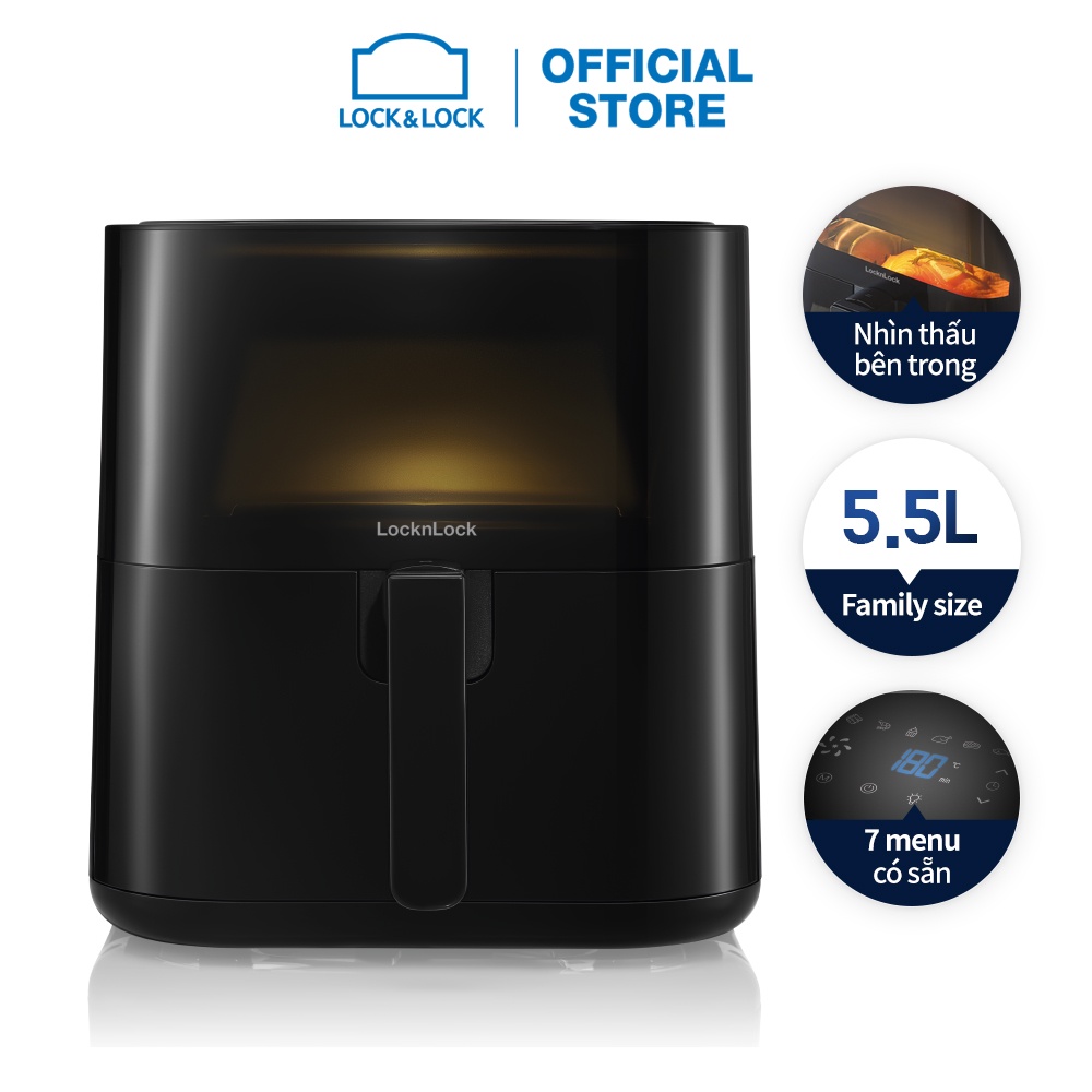Nồi chiên không dầu Lock&Lock Visible air fryer CUBE 5.5L cửa sổ trong suốt-EJF996BLK