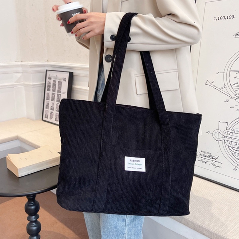 Túi Xách Tote Vải Nhung Kẻ Vintage Dung Tích Lớn Màu Trơn Thời Trang Cho Nữ