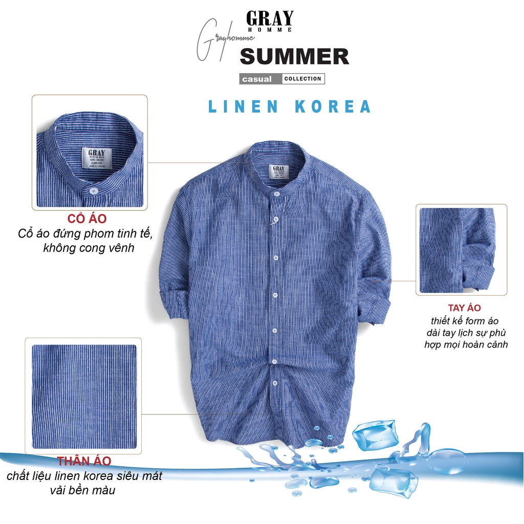 Áo Sơ Mi Nam Dài Tay Cổ Tàu (4 màu) GRAYHOMME linen kẻ sọc cá tính chất vải đũi thoáng mát - TB124