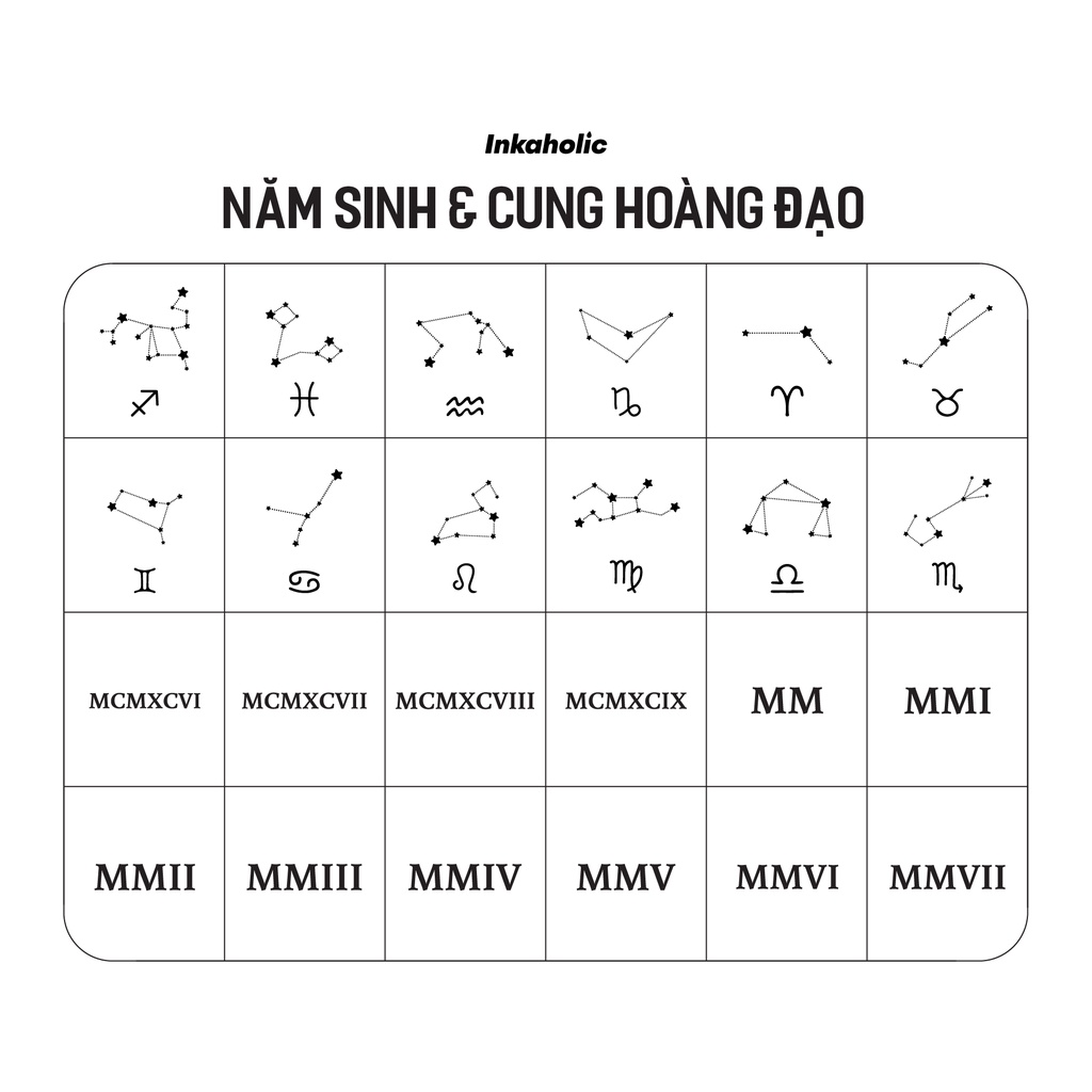 [Chủ đề Cung hoàng đạo và năm sinh] Hình xăm dán tạm thời Inkaholic 15 ngày, xăm trong 1 phút, chống nước.