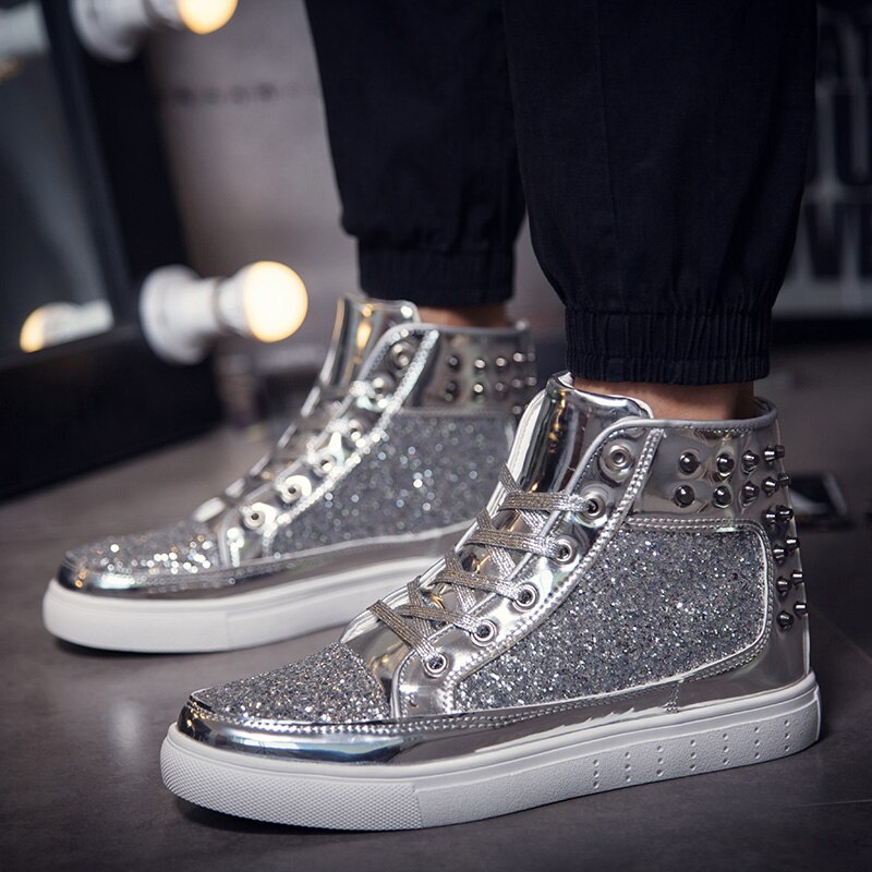 Giày Sneaker Cổ Cao Màu Vàng / Bạc Đính Kim Sa Lấp Lánh Thời Trang Cho Nam Và Nữ