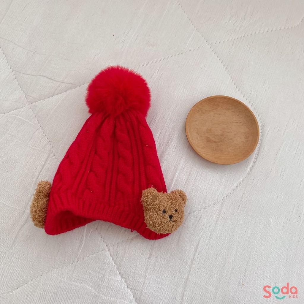 Mũ len che tai đính gấu dễ thương cho bé trai và bé gái (Ảnh thật)
