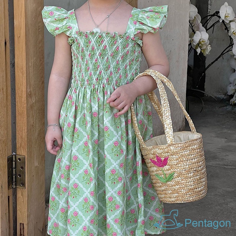 Đầm Công Chúa Mùa Hè Tay Bay Nhỏ Thoáng Khí In Họa Tiết Hoa Dễ Thương Thân Thiện Với Da Cho Bé Gái