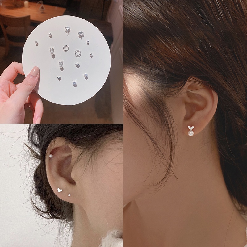 Set 7 Đôi Bông Tai Bạc S925 Hình Nơ / Đám Mây Màu Cầu Vồng Chống Dị Ứng Cho Nữ Sinh