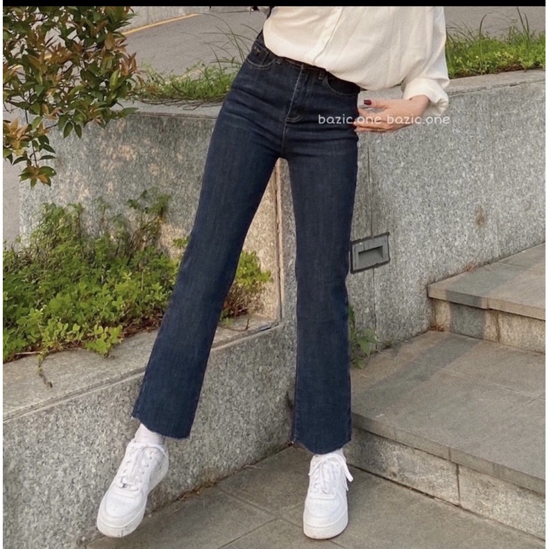 Quần jeans trơn ống đứng lưng cao dãn xịn