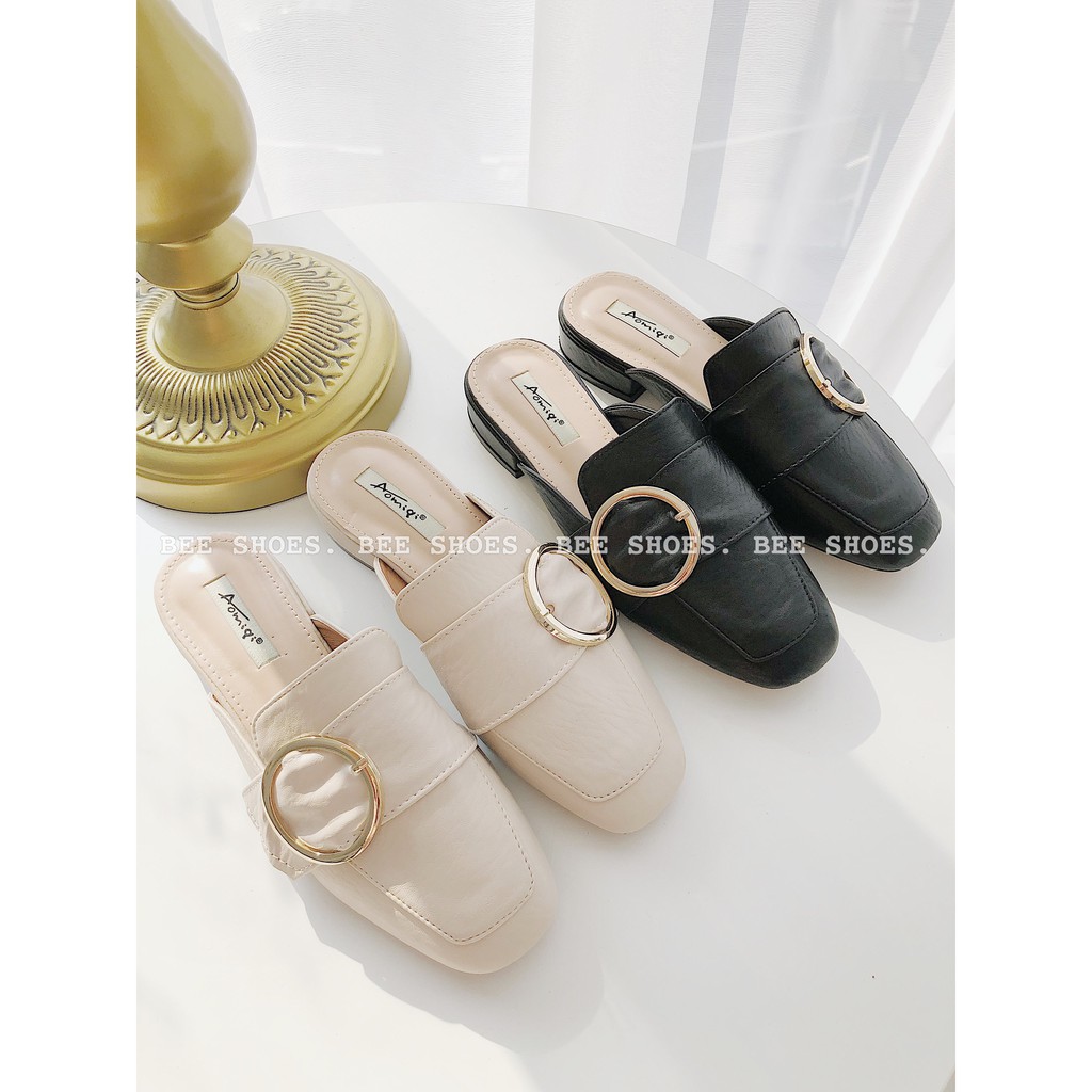 BEESHOES - GIÀY SỤC MŨI TRÒN CAO 2 PHÂN - GIÀY SỤC 2 PHÂN CHẤT DA MÈM ĐI SIÊU EM  SẴN MÀU ĐEN - KEM