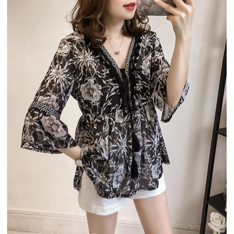 SUXI Áo sơ mi voan cổ V viền núm tua họa tiết hoa thanh lịch cho nữ