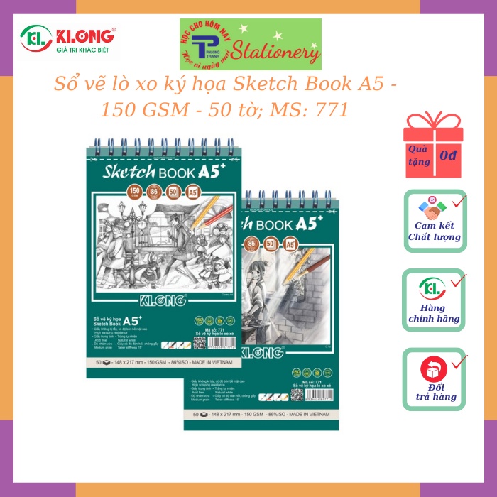 Sổ vẽ ký họa Sketch book Klong 50 tờ A5+ 150GSM; MS: 771