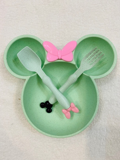 Bát/Khay ăn dặm lúa mạch Mickey kèm thìa và nĩa (có hộp)