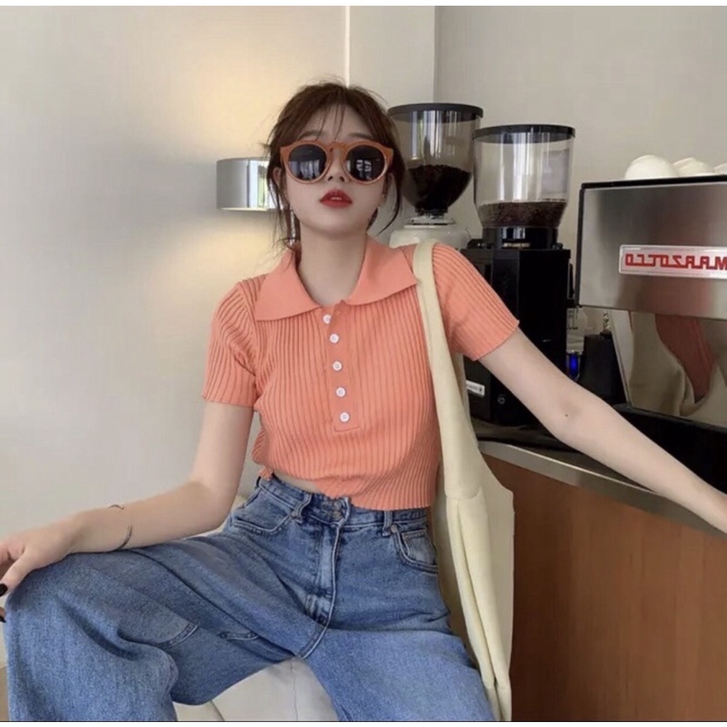 Áo len cộc tay cổ polo phong cách trẻ trung kiểu ulzzang freesize