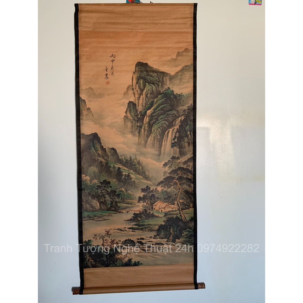 Tranh giả cổ Phong cảnh núi rừng, Tranh giấy xuyến chỉ viền bo lụa size lớn 155 x 74cm