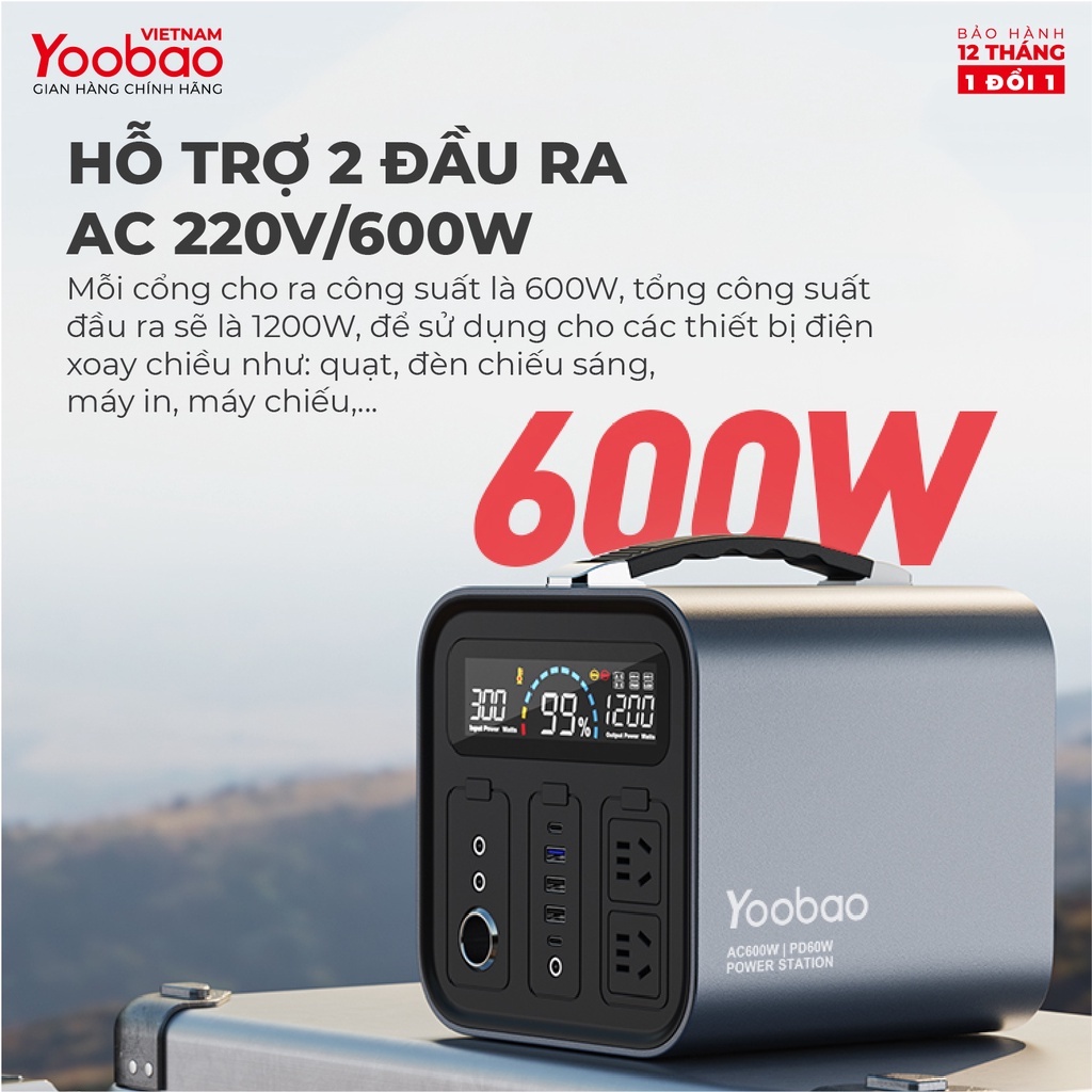 Trạm sạc dự phòng Yoobao EN600S Dung lượng 148800Mah Sạc nhanh PD60W 220V/600W Màn hình LED - Tích hợp đèn pin