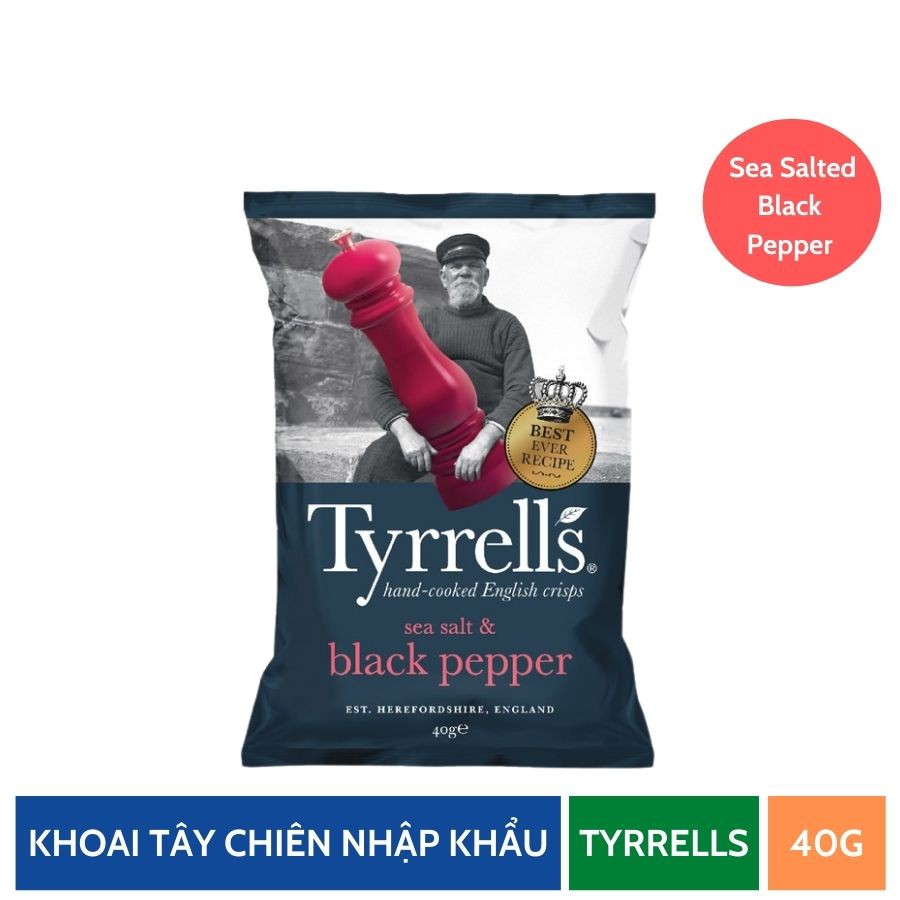 Khoai tây chiên Tyrrells sea salted black pepper hand cooked crips 40g KPHUCSINH - Hàng Chính Hãng