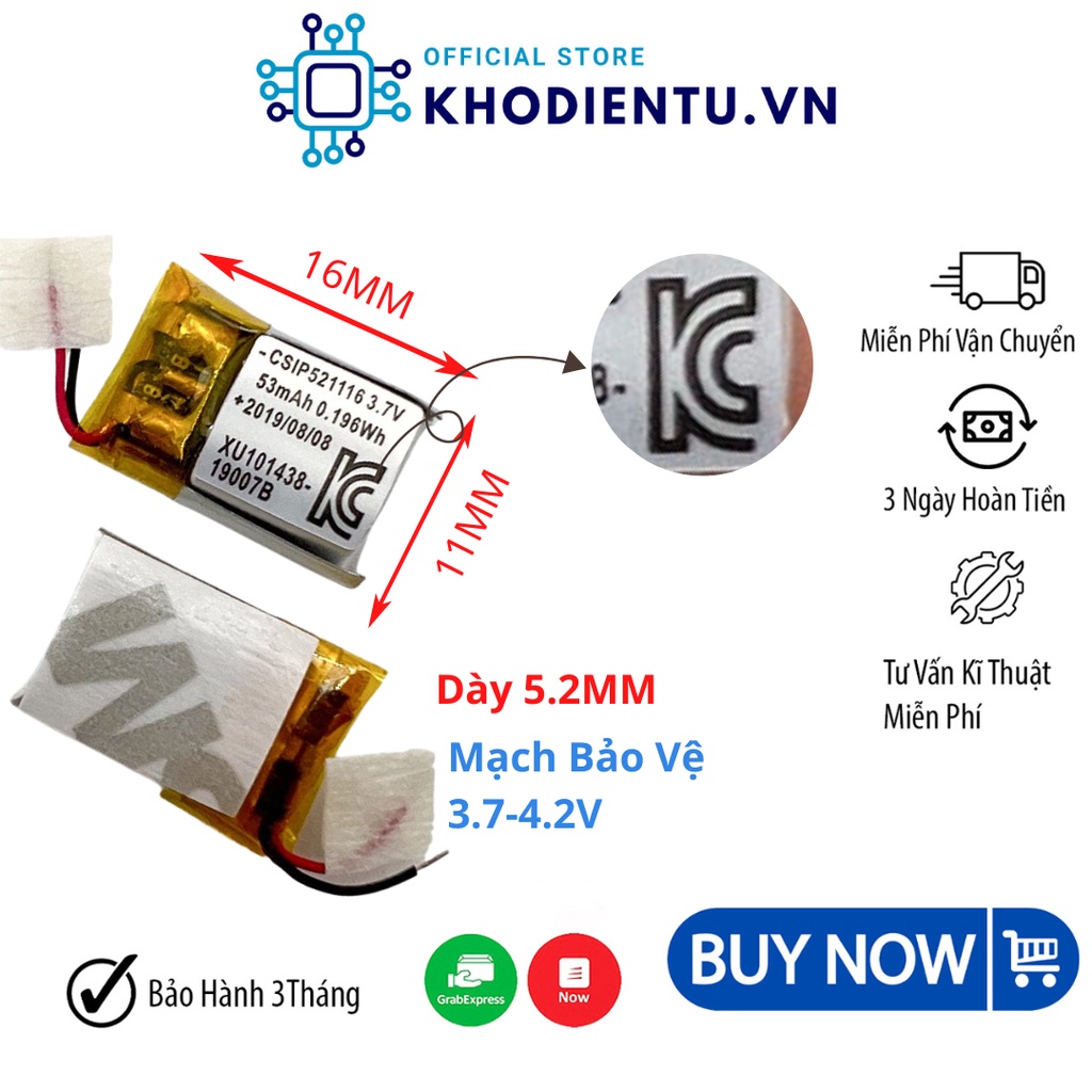 Pin lipo 3.7V 53mAh 16x11x5.2MM xuất hàn CSIP521116  dùng cho tai nghe thiết bị điện -KhoDienTu