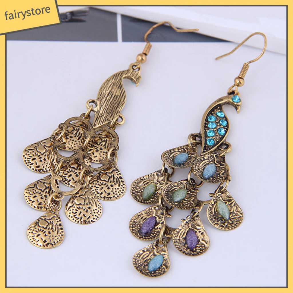 1 Đôi Bông Tai Hình Chim Công Đính Đá Phong Cách Vintage