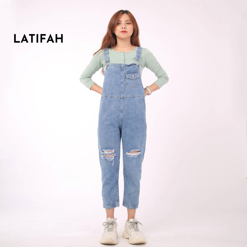 Quần yếm jean dài nữ LATIFAH túi đồng hồ rách gối YJ005