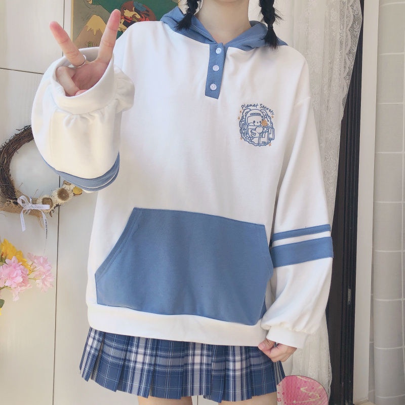 Áo Hoodie Thêu Hình Gấu Dễ Thương Phong Cách Nhật Bản