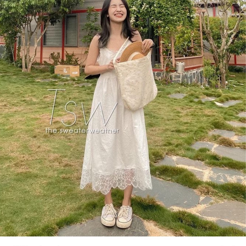 VÁY HAI DÂY ĐŨI VIỀN REN CỔ TIM, VÁY TIỂU THƯ TRẮNG DÁNG XUÔNG, HÀNG ĐẸP CHẤT LƯỢNG, HÀNG CÓ SẴN