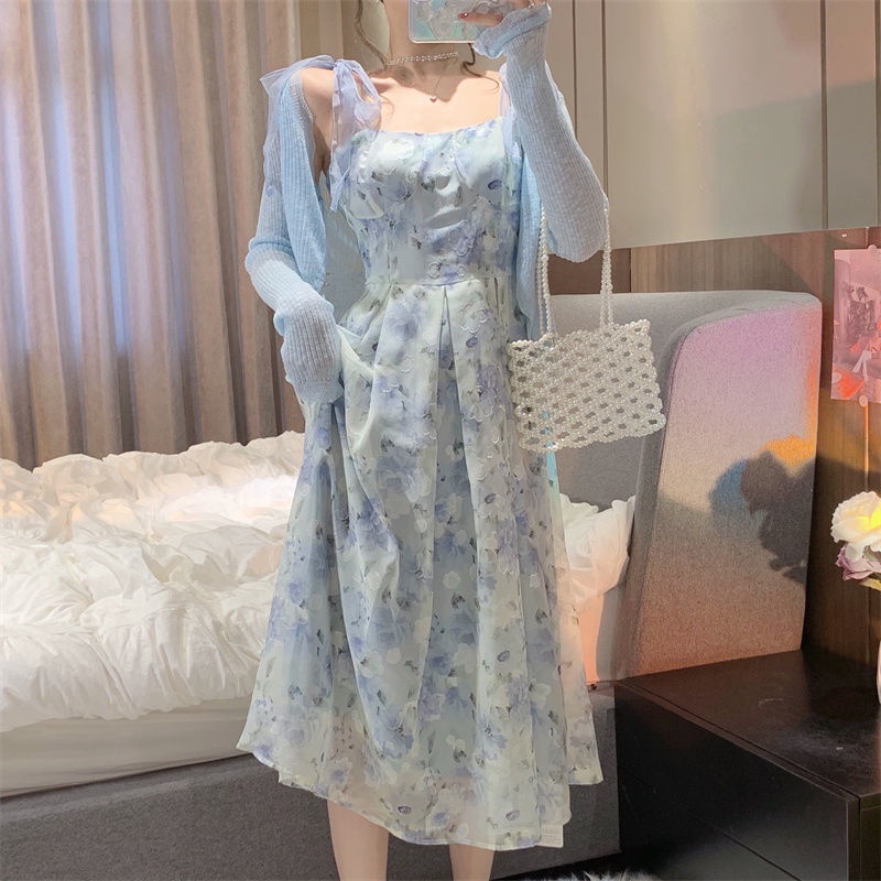 Đầm Lửng Hai Dây Ôm Eo In Họa Tiết Hoa Sơn Dầu Phong Cách Pháp Hàng Mới Thời Trang Mùa Hè Dành Cho Bạn Nữ