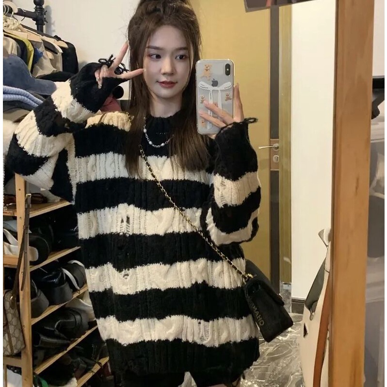 Porozi  Áo sweater  dệt kim dáng rộng cổ tròn kẻ sọc kiểu Hàn Quốc thời trang cho nữ